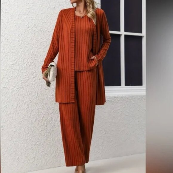 Ribbed Casual Three-piece Set, Open Front Long Sleeve Cardigan & Tank - Picture 1 of 3